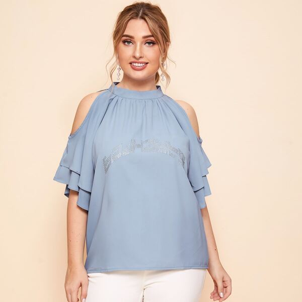 

Plus Cold Shoulder Ruched Rhinestone Front Top, Dusty blue
