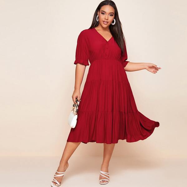 

Plus V-neck Ruffle Hem A-line Dress, Burgundy