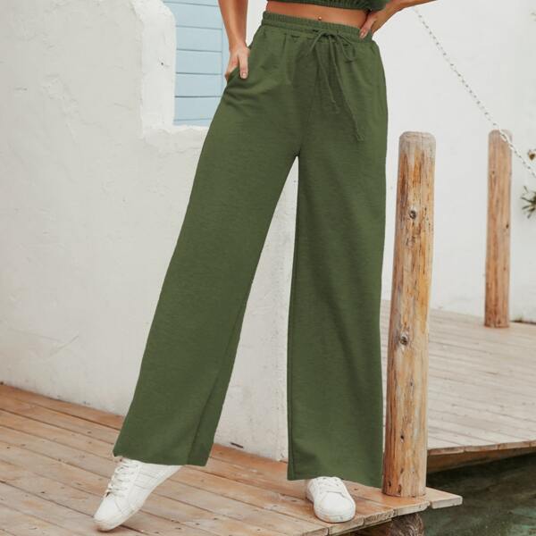 

Drawstring Waist Wide Leg Pants, Army green