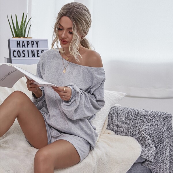 

Boat Neck Drop Shoulder Sweatshirt & Drawstring Waist Track Shorts, Light grey