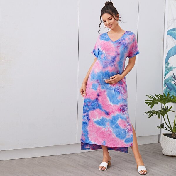 

Maternity V-neck Cuffed Sleeve Split Hem Tie Dye Tee Dress, Multicolor