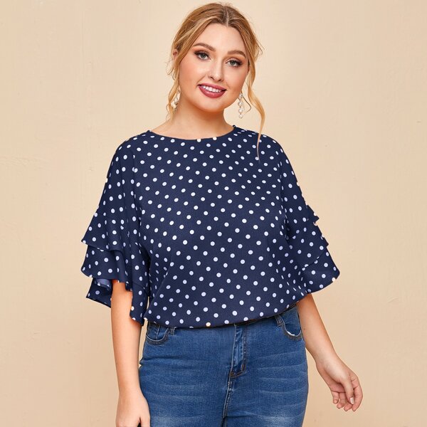 

Plus Layered Ruffle Cuff Polka Dot Top, Navy blue