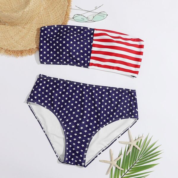

Plus American Flag Print Bandeau Bikini Swimsuit, Multicolor