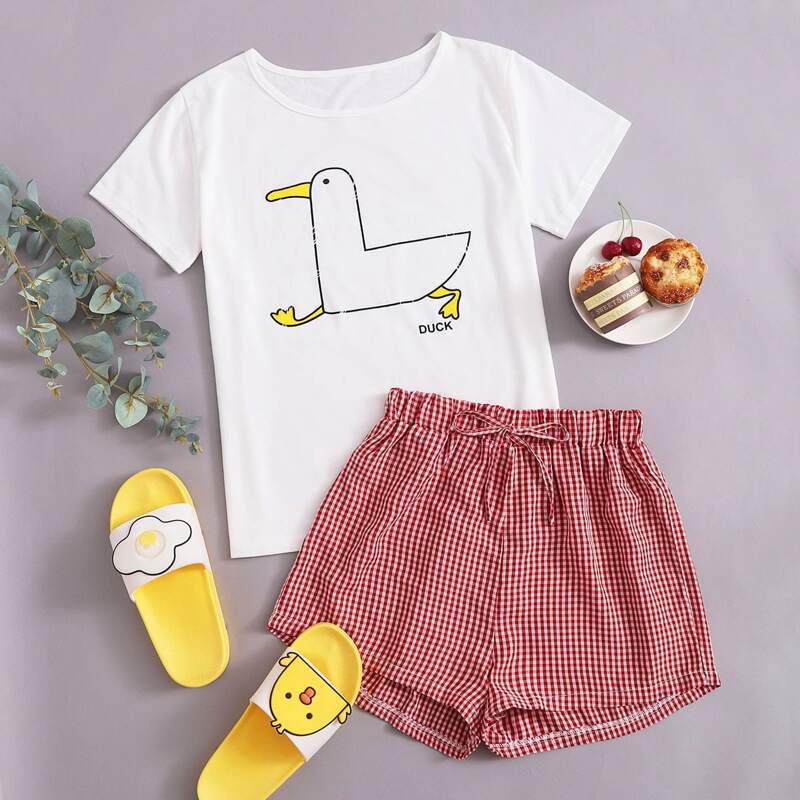 

Cartoon & Gingham Shorts PJ Set, Multicolor