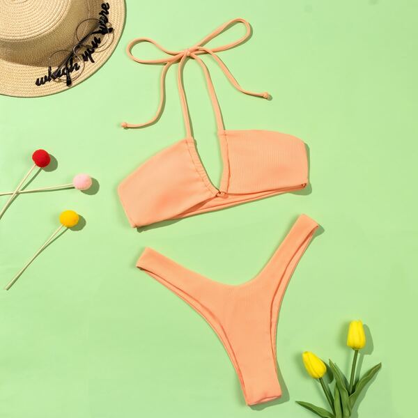 

Rib Halter High Leg Bikini Swimsuit, Pastel coral orange