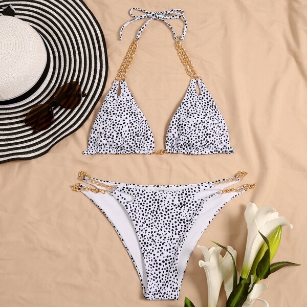 

Dalmatian Triangle Chain Linked Cut-out Bikini Swimsuit, Black and white