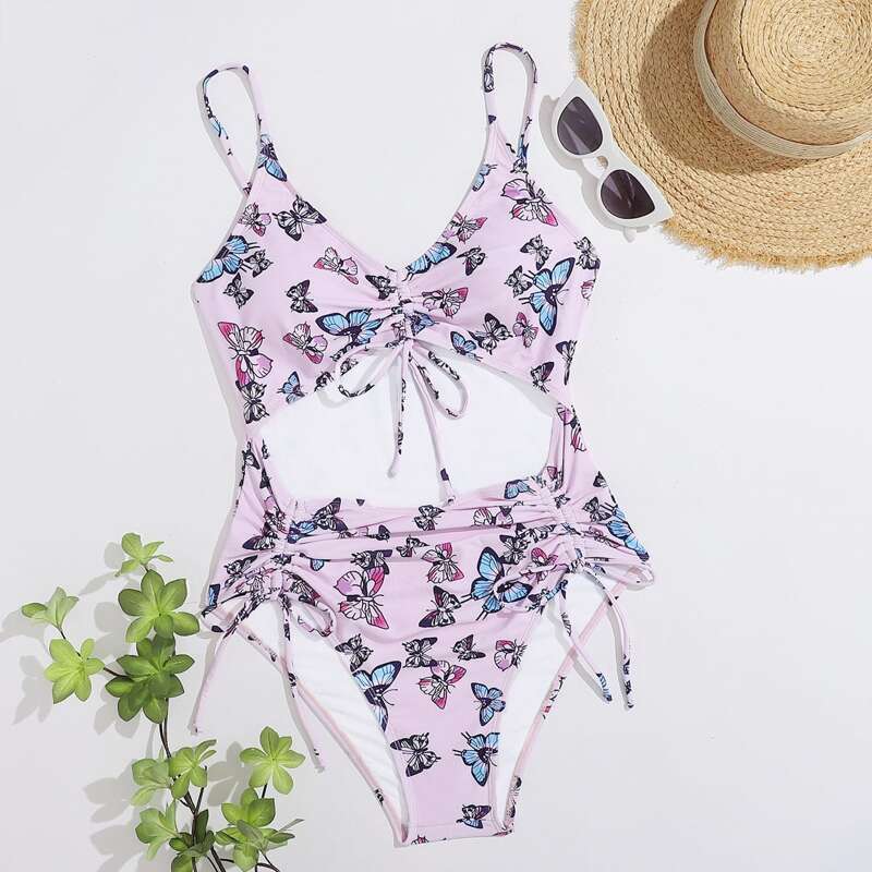

Butterfly Print Drawstring One Piece Swimsuit, Pastel baby pink