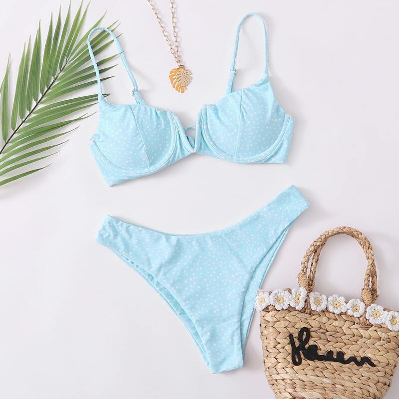 

Polka Dot V Wired Underwire Bikini Swimsuit, Pastel baby blue