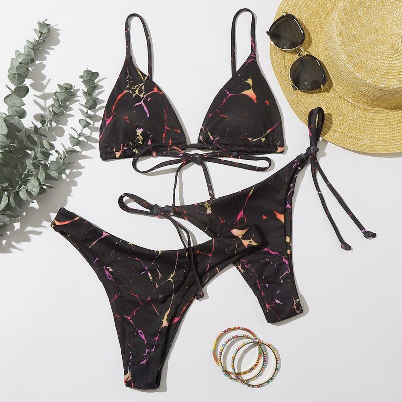 

3pack Marble Print Triangle Tie Side Bikini Swimsuit, Black