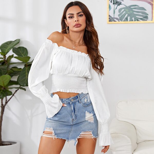 

Shirred Hem Flounce Sleeve Bardot Top, White