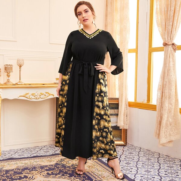 

Plus Graphic Print Embroidery Belted Tunic Dress, Black