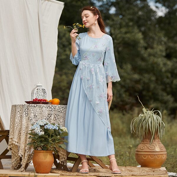 

Floral Embroidery Mesh Overlay Dress, Baby blue
