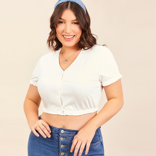 

Plus Button Up Crop Top, Beige