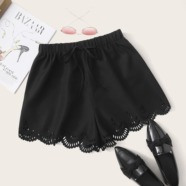 

Plus Scallop Edge Laser Cut Solid Shorts, Black