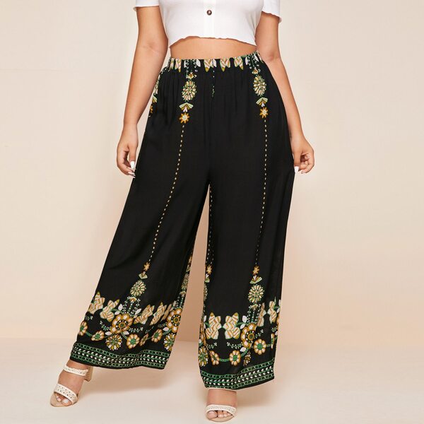

Plus Tribal Embroidered Wide Leg Pants, Black