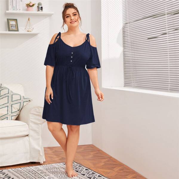 

Plus Knot Strap Cold Shoulder Night Dress, Navy blue