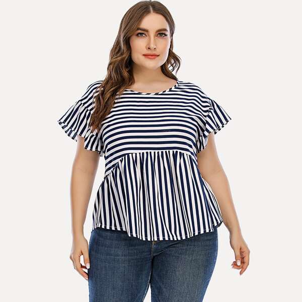 

Plus Striped Ruffle Cuff Babydoll Blouse, Multicolor
