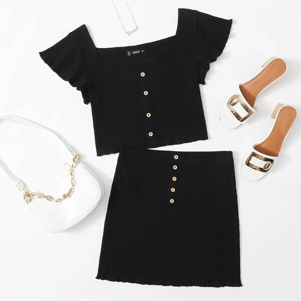 

Button Front Crop Top & Skirt Set, Black