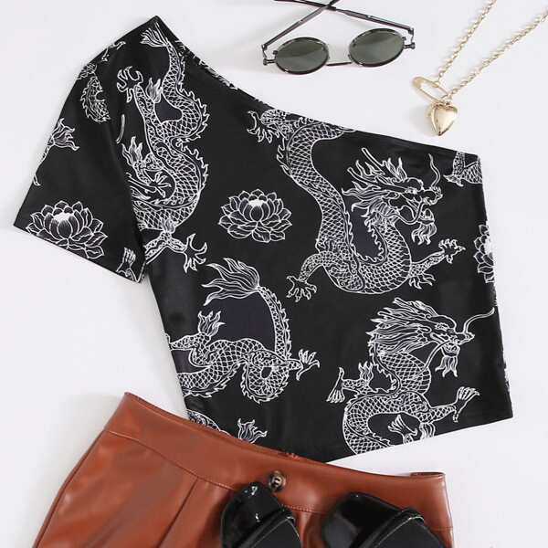 

Dragon Print One Shoulder Top, Black