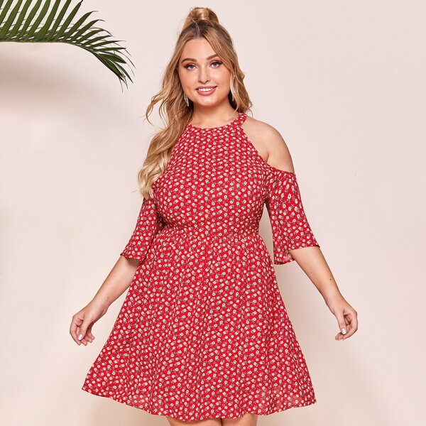 

Plus Ditsy Floral Print Cold Shoulder Dress, Red