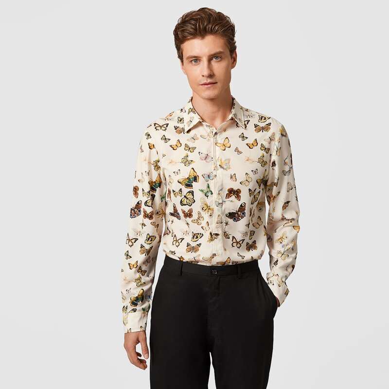 

Guys Allover Butterfly Print Shirt, Beige