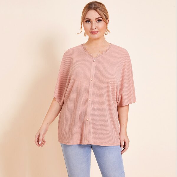 

Plus Button Front Lace Trim Batwing Sleeve Top, Dusty pink