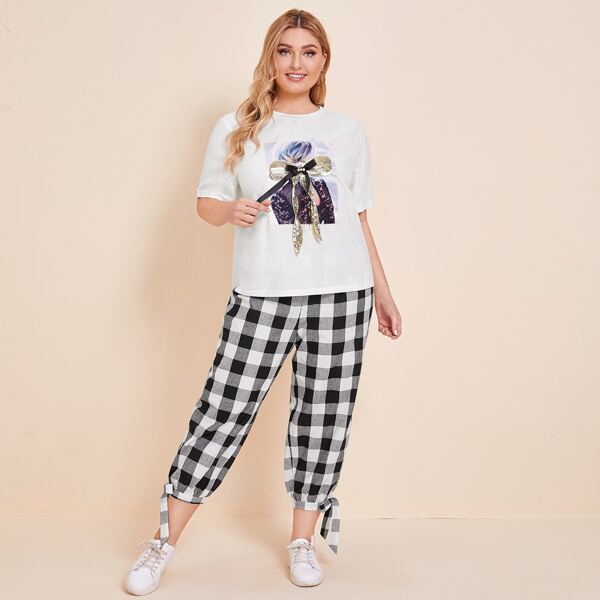 

Plus Figure Patched Bow Detail Top & Knot Hem Plaid Pants Set, Black and white