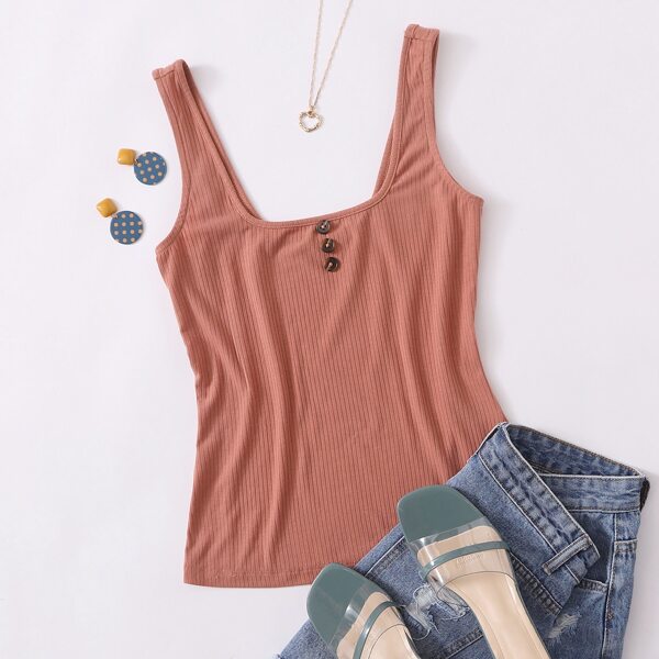

Button Front Square Neck Tank Top, Rusty rose
