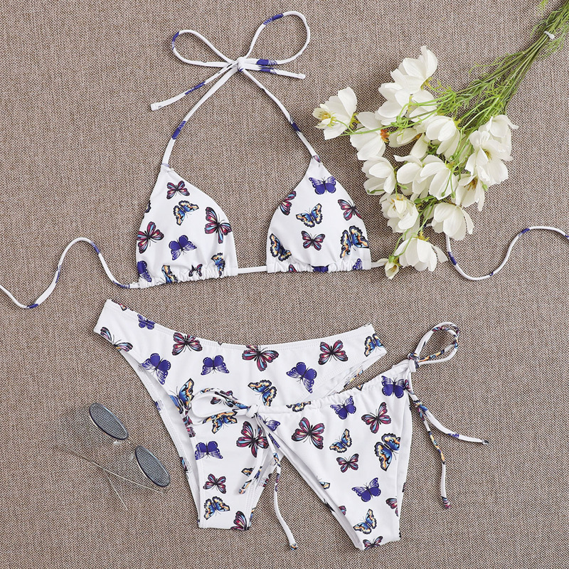 

3pack Butterfly Print Triangle Tie Side Bikini Swimsuit, Multicolor