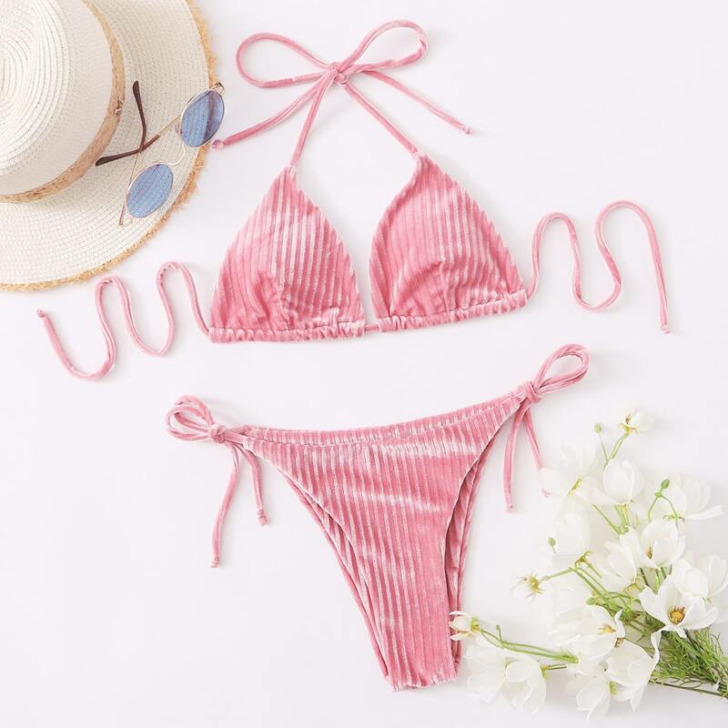 

Velvet Triangle Tie Side Bikini Swimsuit, Pink pastel