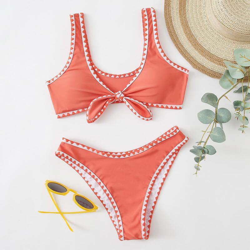 

Whip Stitch Knot Front Bikini Swimsuit, Watermelon pink