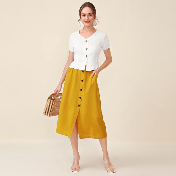 

V-neck Button Front Blouse & Skirt, Multicolor