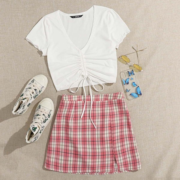 

Drawstring Ruched Front Lettuce Edge Top and Tartan Skirt Set, Multicolor