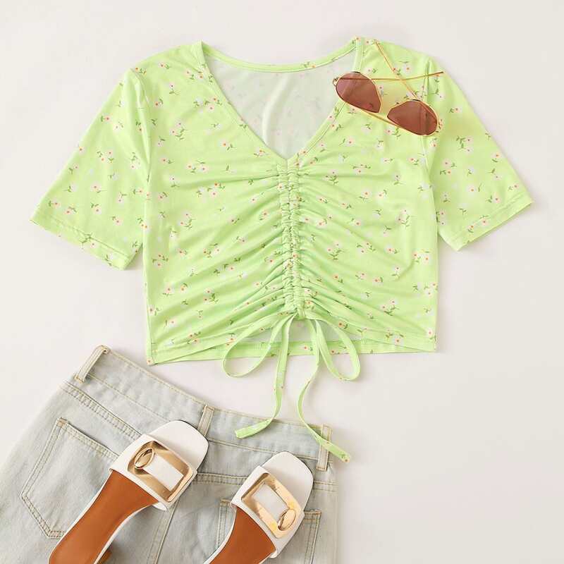 

Ditsy Floral Drawstring Front Tee, Lime green