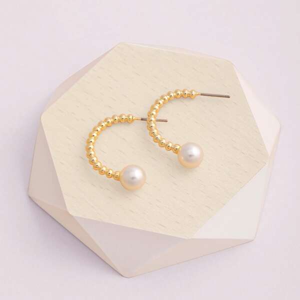 

1pair Pearl Ends Beaded Open Hoop Earrings, Gold