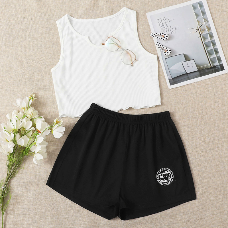 

Ribbed Two Tone Shorts PJ Set, Black and white