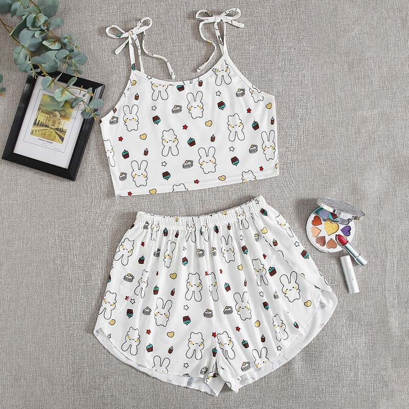 

Rabbit Graphic Tie Strap Cami PJ Set, Beige