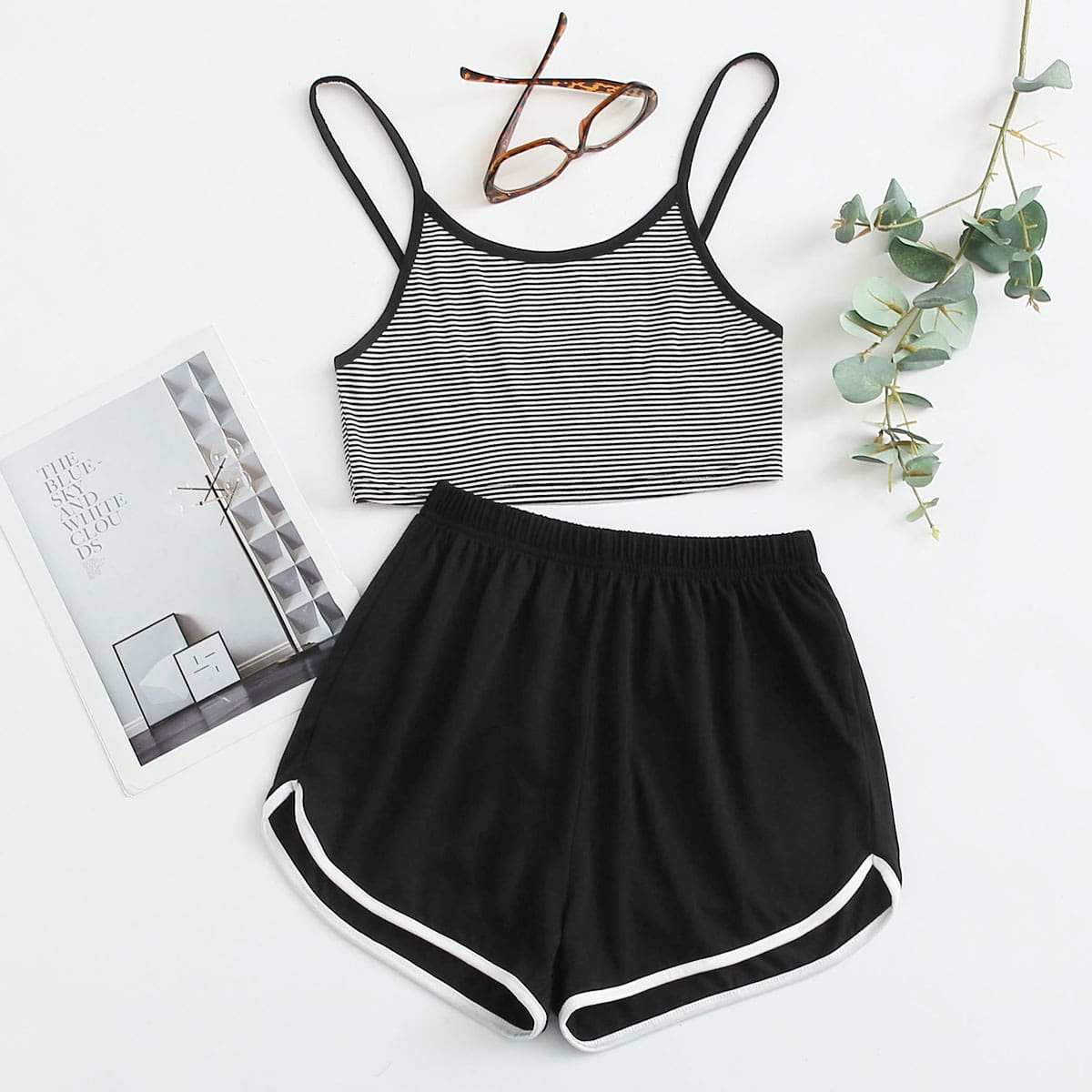 

Stripe Ringer Cami & Shorts PJ Set, Black