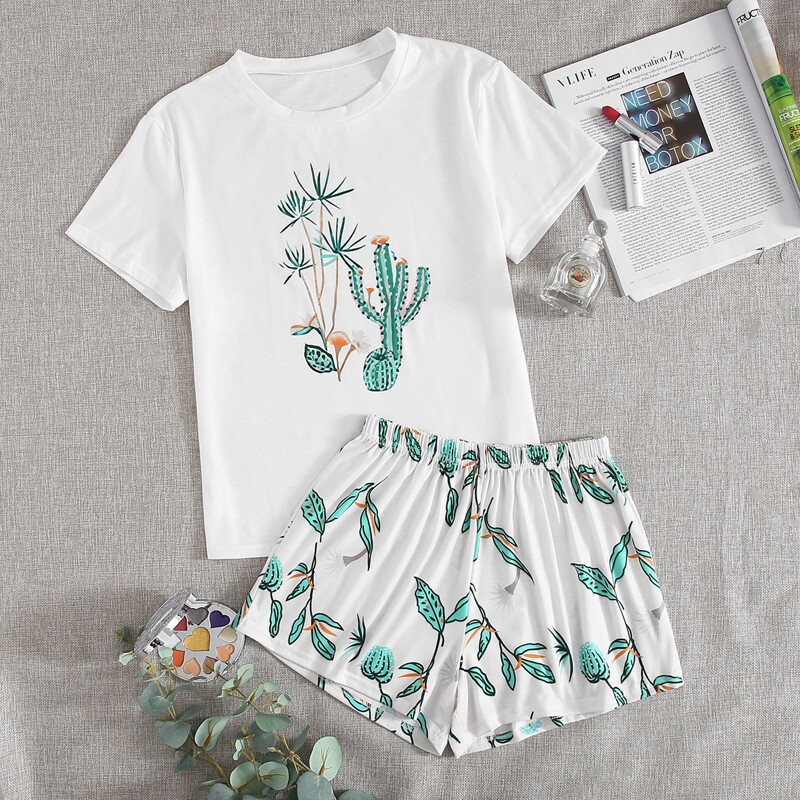 

Cactus & Leaves Shorts PJ Set, White