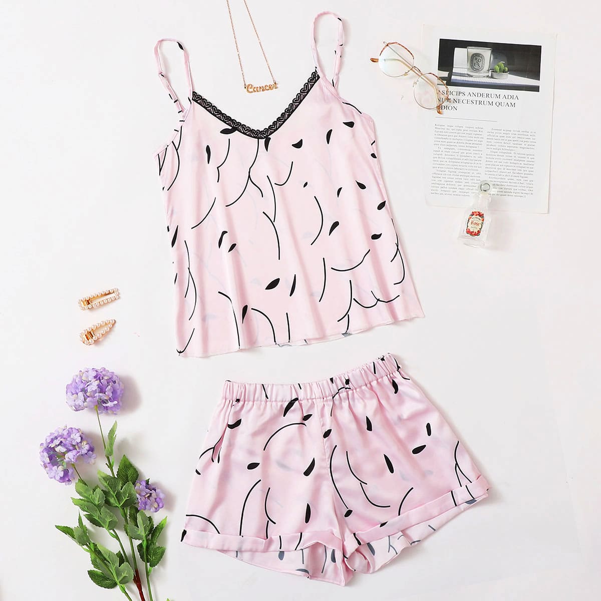 

Allover Print Satin Cami PJ Set, Pastel baby pink