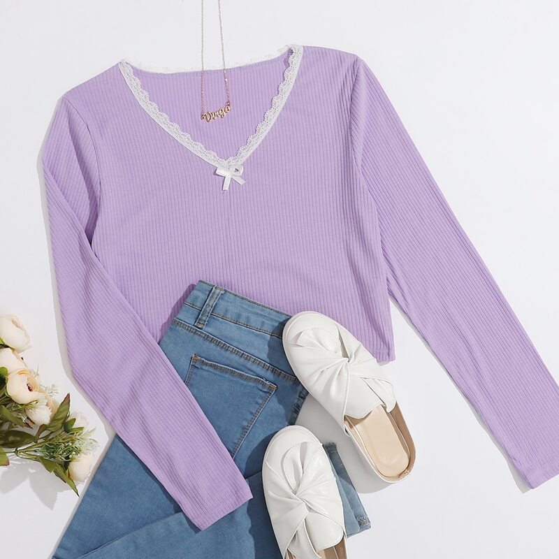 

Ribbed Lace Trim Tee, Lilac purple