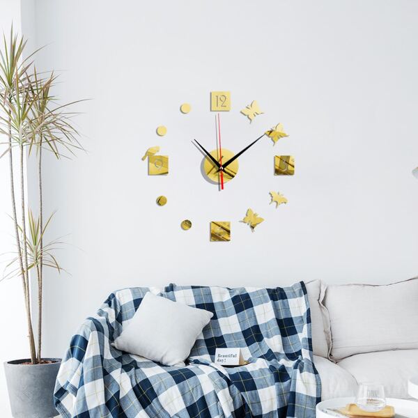 

1set Butterfly Mirror Surface Wall Clock, Gold