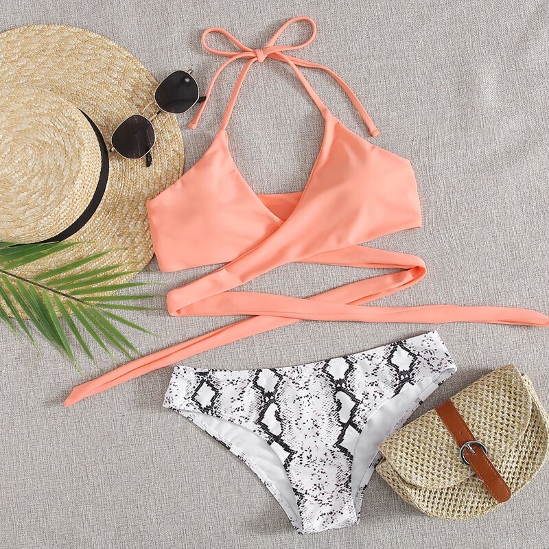 

Snakeskin Wrap Halter Bikini Swimsuit, Multicolor