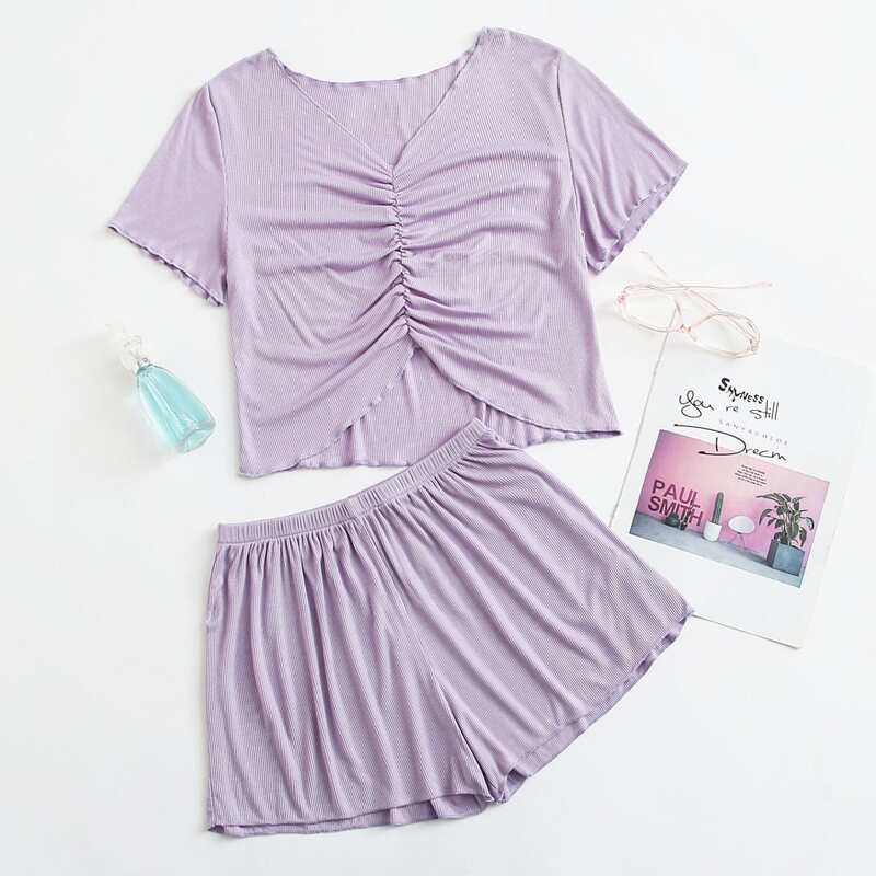 

Ruched Front Rib Shorts PJ Set, Pastel lilac purple