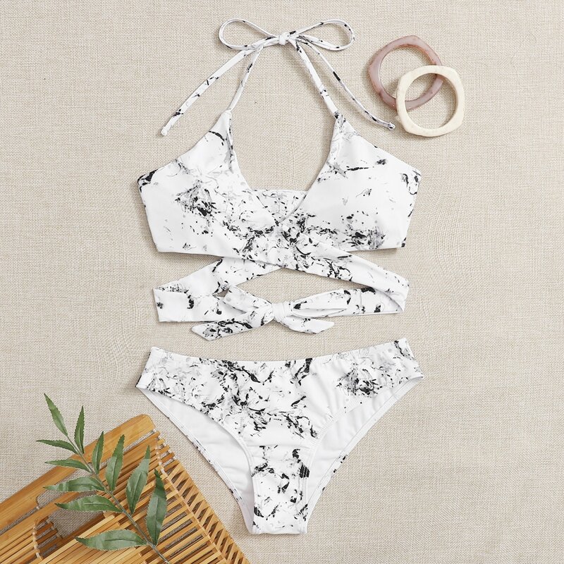 

Marble Wrap Halter Bikini Swimsuit, Black and white