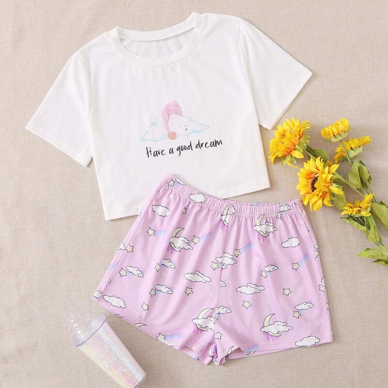 

Cloud & Slogan Print Shorts PJ Set, Multicolor