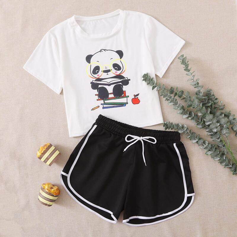 

Cartoon Panda Tee & Dolphin Shorts PJ Set, Black and white