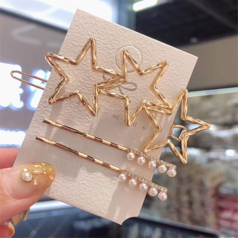 

3pcs Star & Faux Pearl Hair Clip, Gold