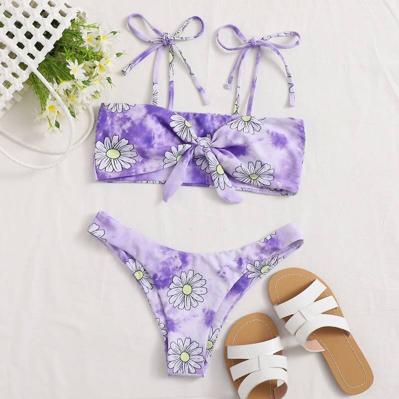 

Tie Dye Floral Mixed Bikini Swimsuit, Pastel lilac purple