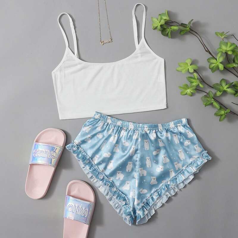 

Bear Print Frill Shorts PJ Set, Blue and white